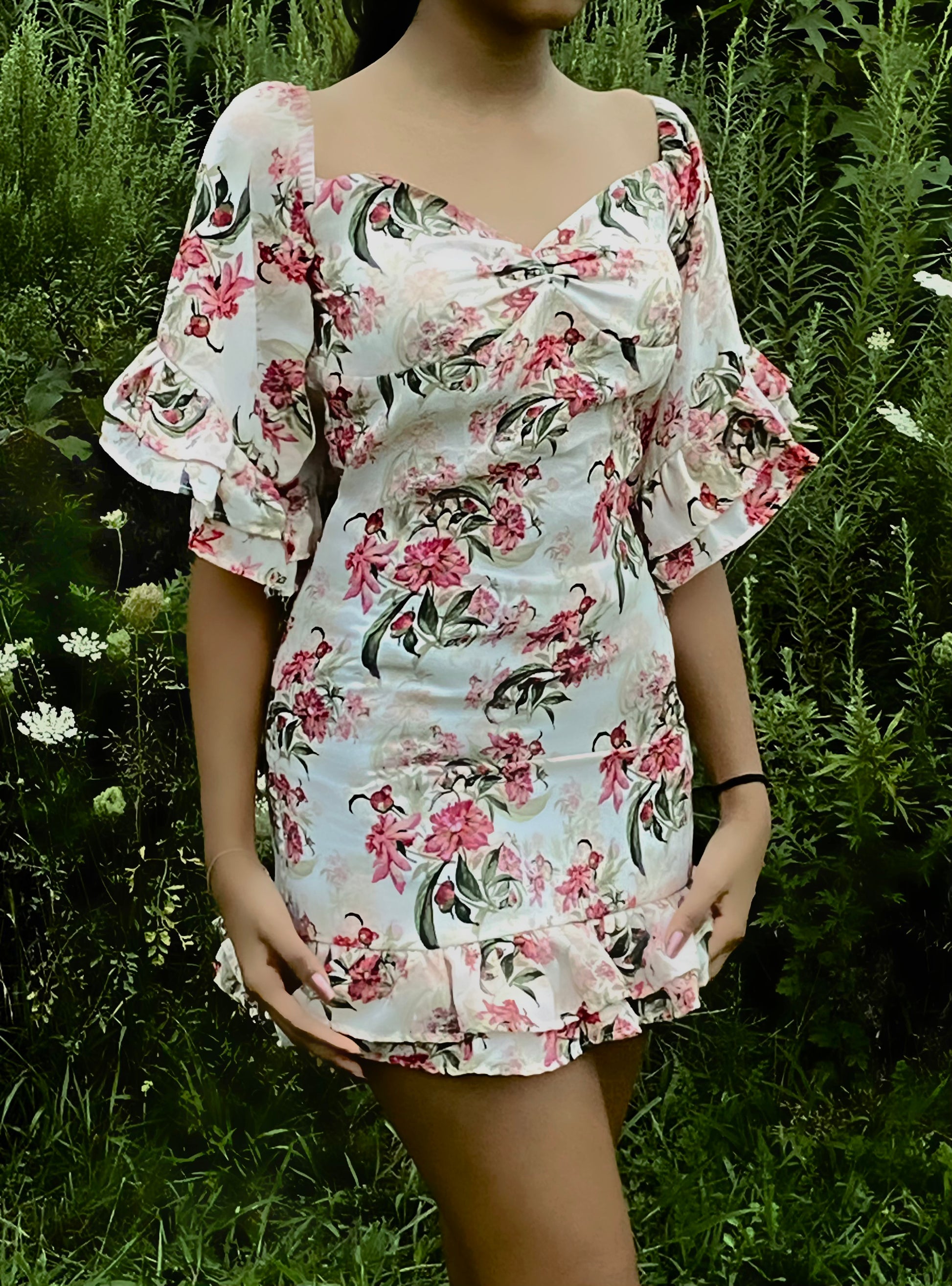 Zara floral off clearance the shoulder dress